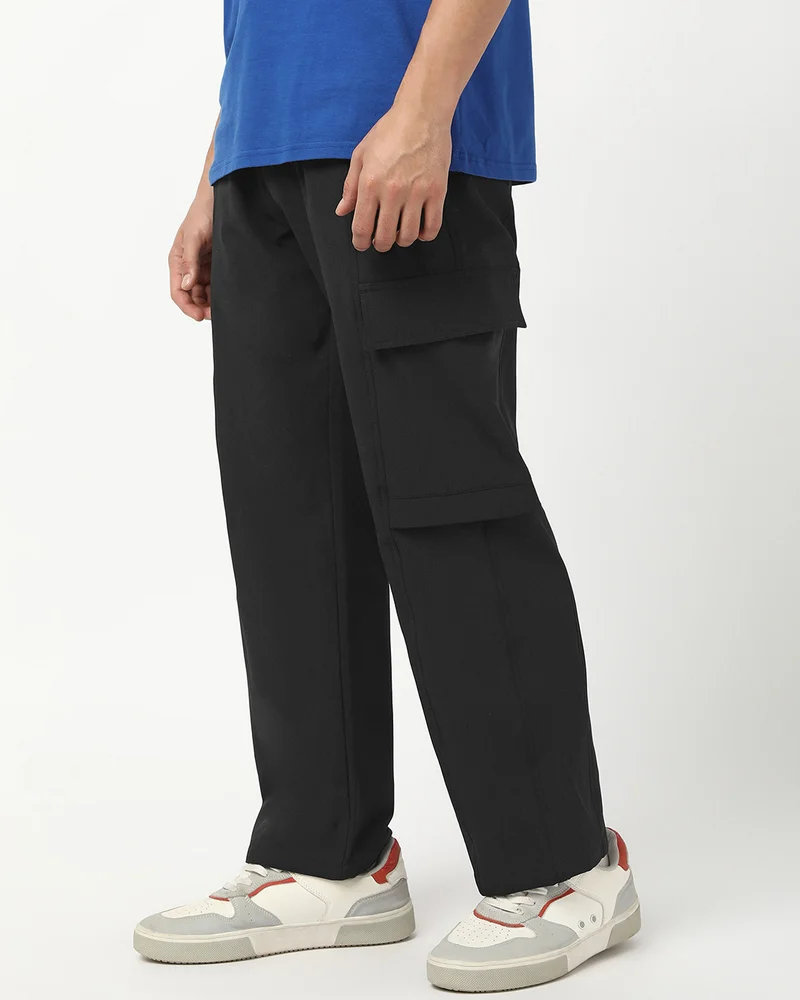 bewakoof Men's Jet Black Cargo Pants